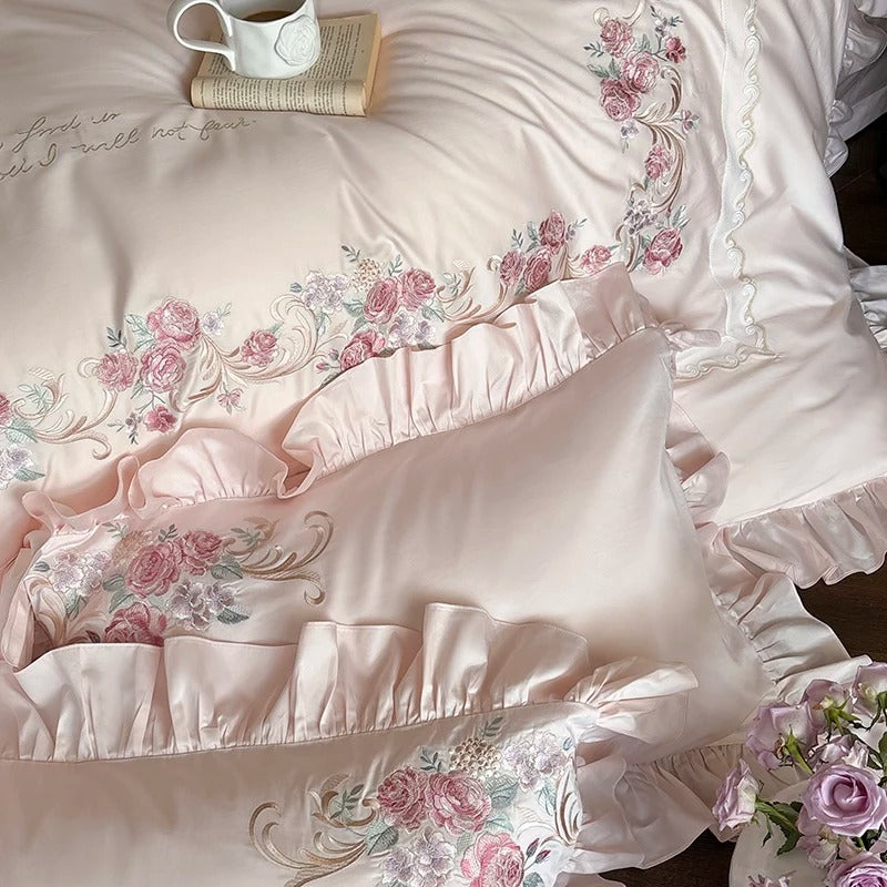 Rose Embroidery Lace Egyptian Cotton Bedding Set with Duvet Cover - 1000TC