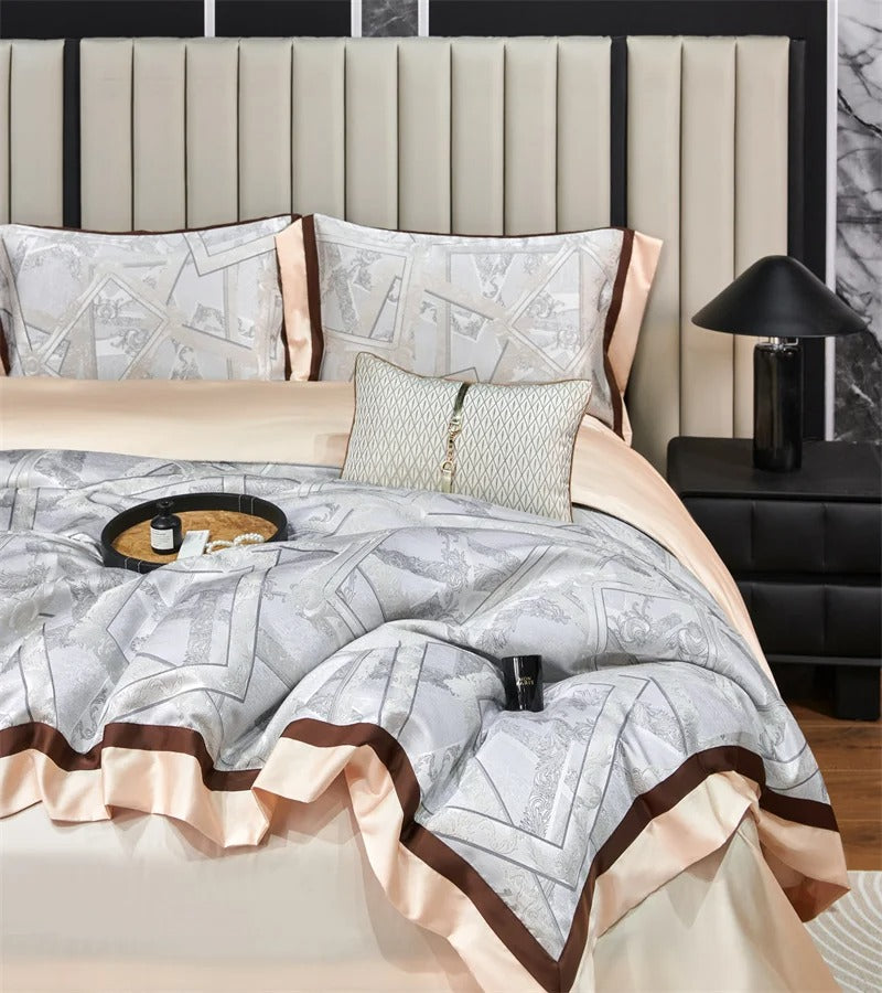 Jacquard Silver Satin Bedding Set with Geometric Design - 1000TC
