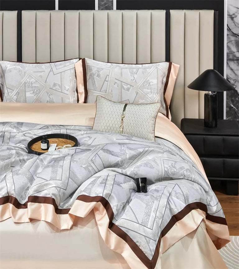 Jacquard Silver Satin Bedding Set with Geometric Design - 1000TC