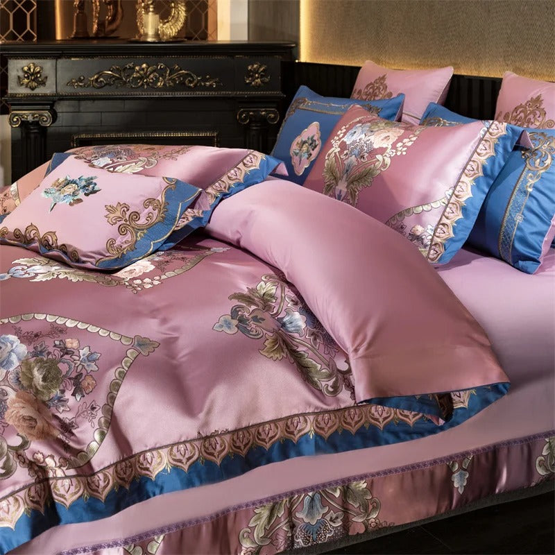 Royal Pink Floral Embroidery Bedding Set with Duvet Cover - 1000TC