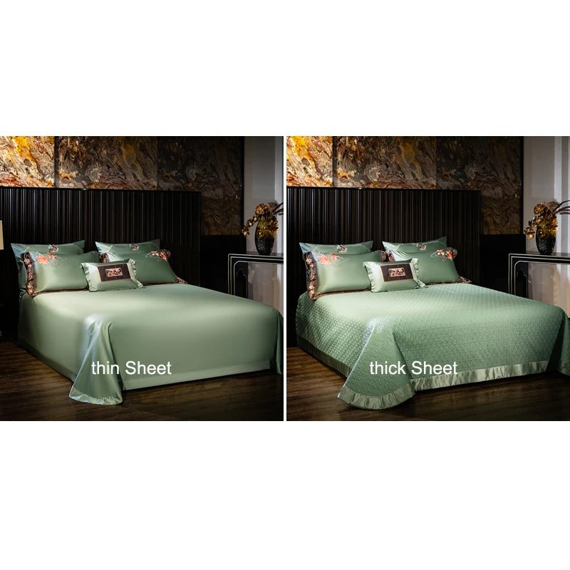 Serene Green Satin Floral Embroidery Bedding Set - 1000TC