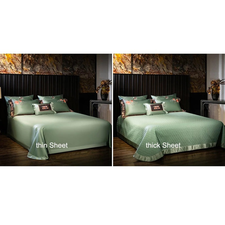 Serene Green Satin Floral Embroidery Bedding Set - 1000TC