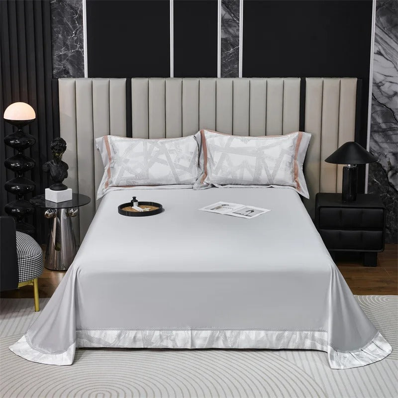 Light Gray Embroidery Tencel Cotton Bed Sheet Set with Duvet Cover - 1000TC