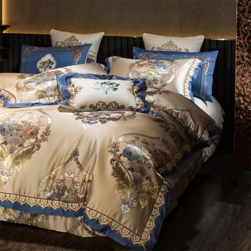 Royal Blue and Beige Floral Embroidered Bedding Set with Duvet Cover - 1000TC - Egyptian Bedding