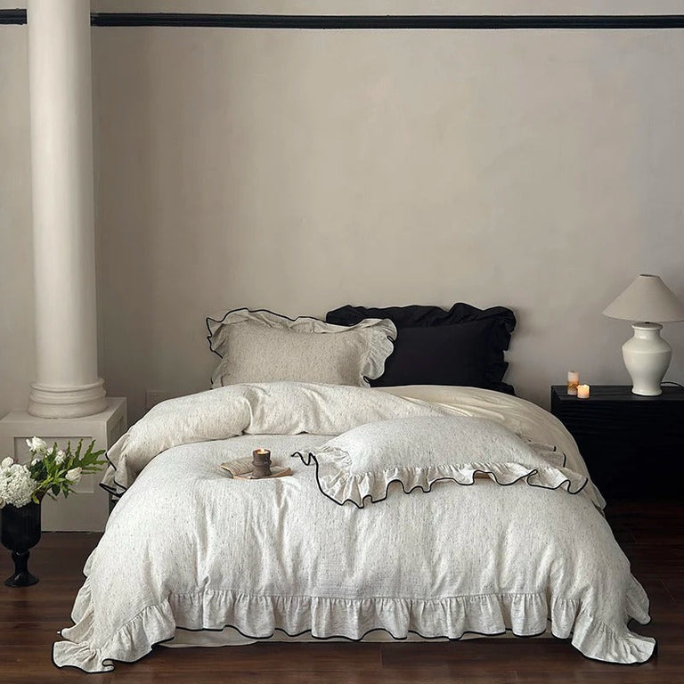 Off White Ruffled Bedding Set with Black Trim - 1000TC