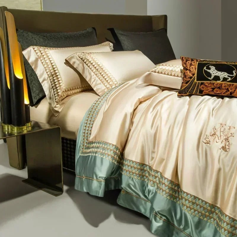 Champagne Gold Satin Embroidery Bedding Set with Duvet Cover - 1200TC - Egyptian Bedding