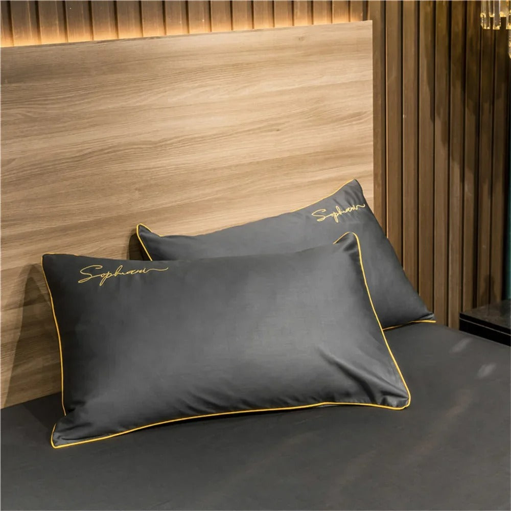Black Bedding Set with Gold Piping & Signature Embroidery - 400TC