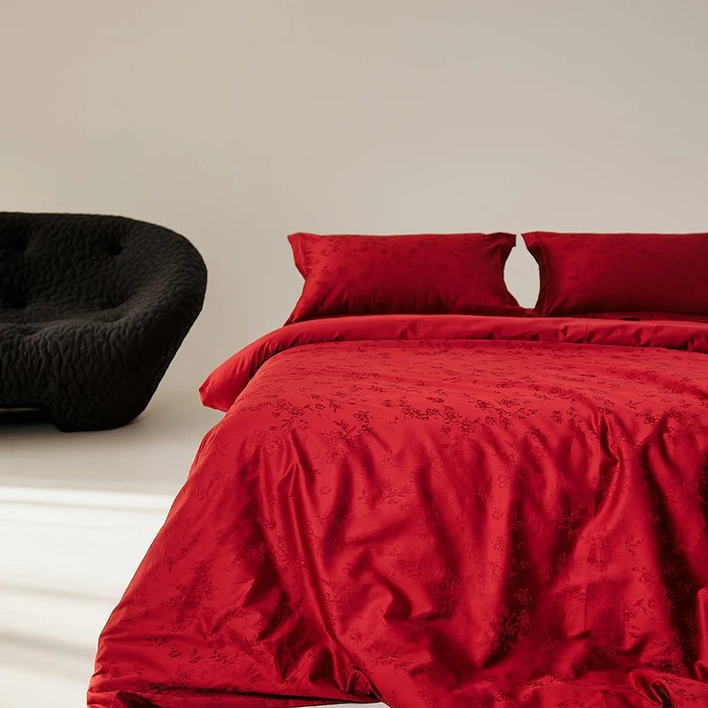 Red Floral Jacquard Bedding Set with Duvet Cover - 900TC - Egyptian Bedding