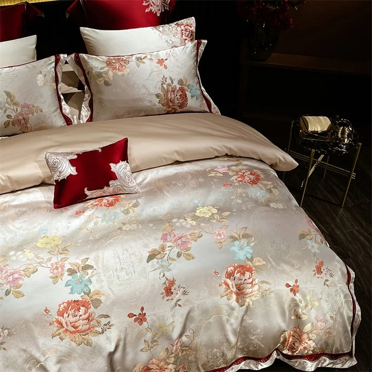 Beautiful Red Embroidered Floral Satin Bedding Set with Duvet Cover - 1200TC