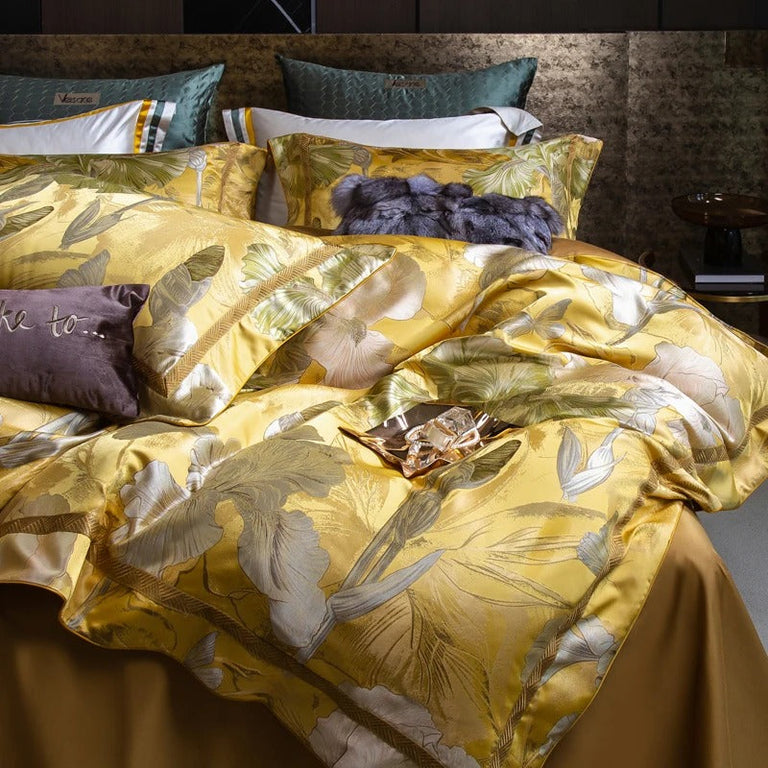 Yellow Floral Satin Jacquard Bedding Set with Duvet Cover - 1000TC
