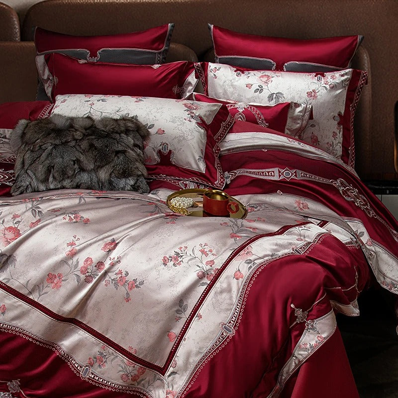 Rose Satin Floral Embroidered Bedding Set with Duvet Cover - 1500TC - Egyptian Bedding