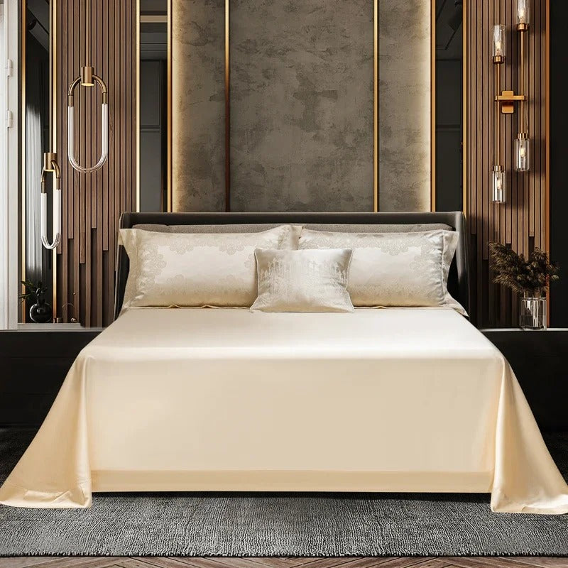 Ivory Pearl Jacquard Bedding Set with Floral Embroidered - 1500TC