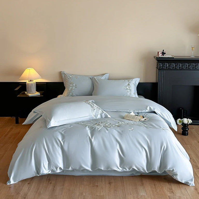 Luxury Blue Satin Bedding Set with Silver Floral Embroidery - 600TC