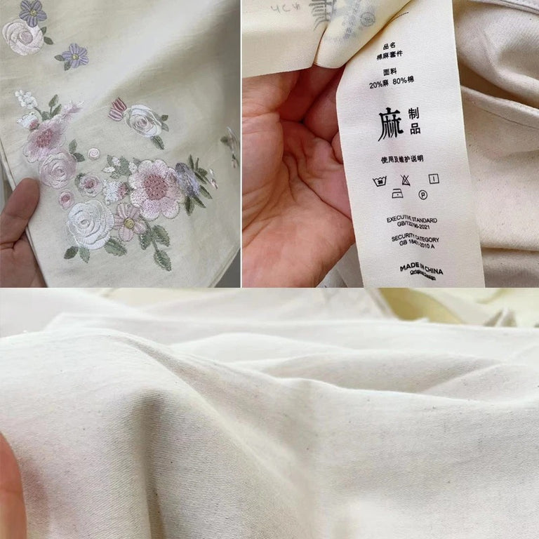 Flowers Embroidery Cotton Bedding Set with Duvet Cover - 600TC
