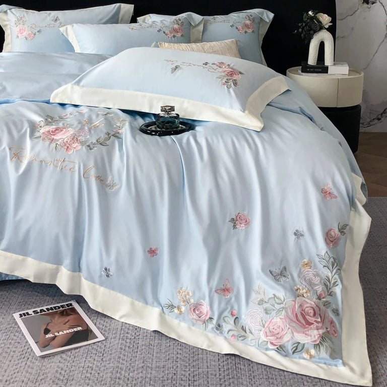 Pastel Blue Floral Embroidery Cotton Bedding Set with Duvet Cover - 900TC