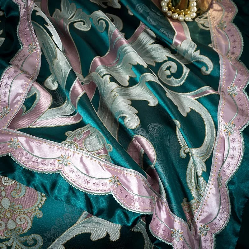Teal Satin Bedding Set with Embroidered Pink Floral Motifs - 1200TC - Egyptian Bedding