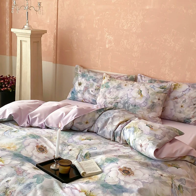 Pastel Floral Satin Egyptian Cotton Bedding Set - 700TC
