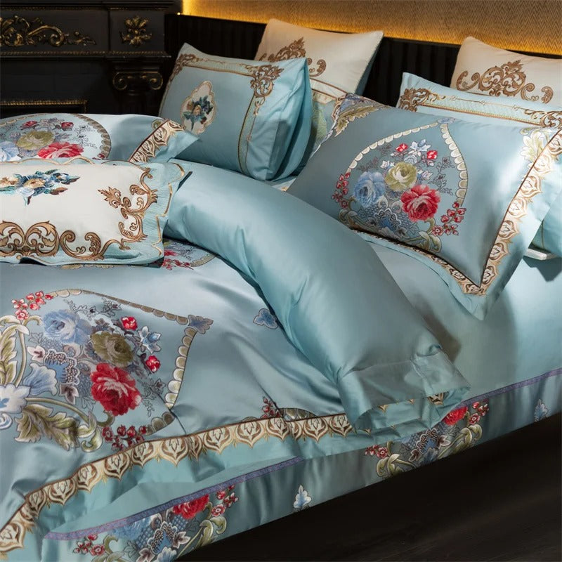 Aqua Blue Baroque Floarl Medallion Embroidered Bedding Set with Duvet Cover - 1000TC