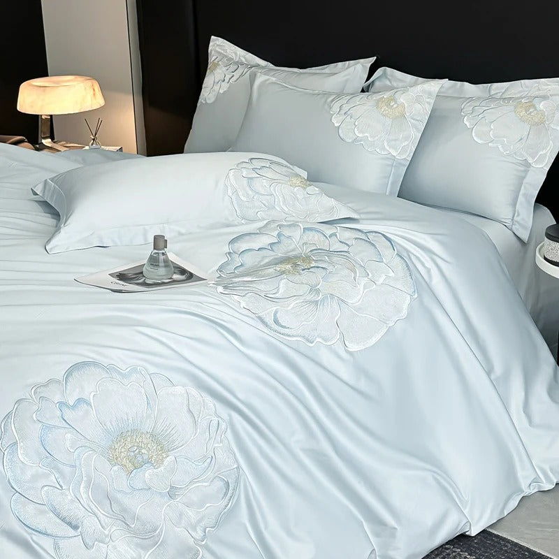 Embroidered Blue Satin Floral Bedding Set with Duvet Cover -  600TC - Egyptian Bedding