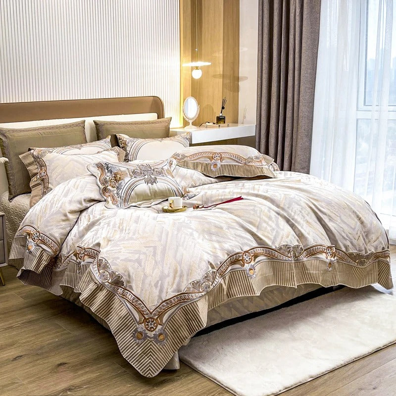 Cream and Gold Jacquard Bedding Set with an Embroidered Border - 1500TC - Egyptian Bedding