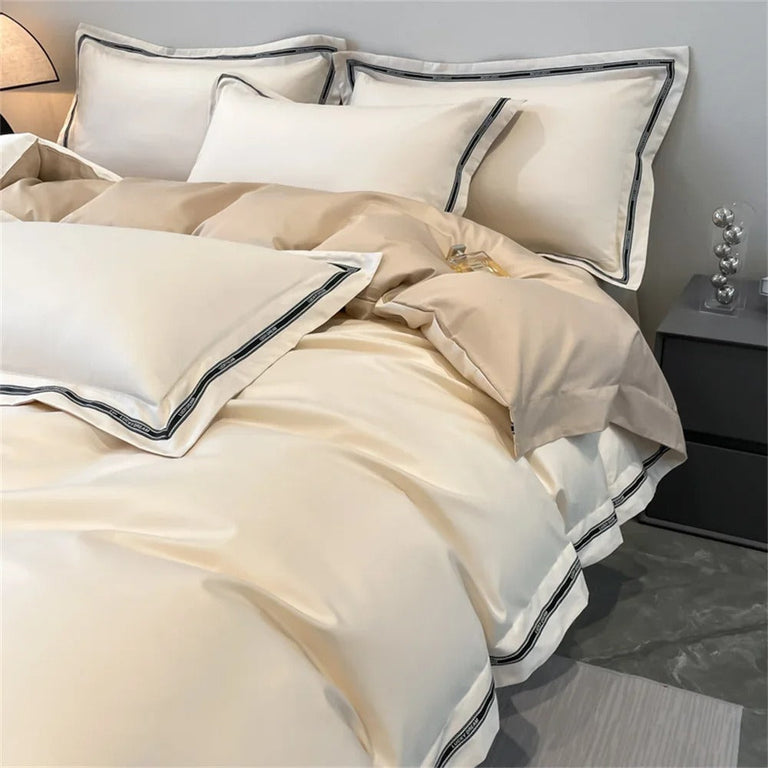 Ivory Egyptian Cotton Bedding Set with Stylish Border - 1000TC