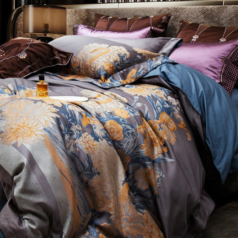 Cotton and Silk Jacquard Bedding Set with Floral Embroidery - 1500TC