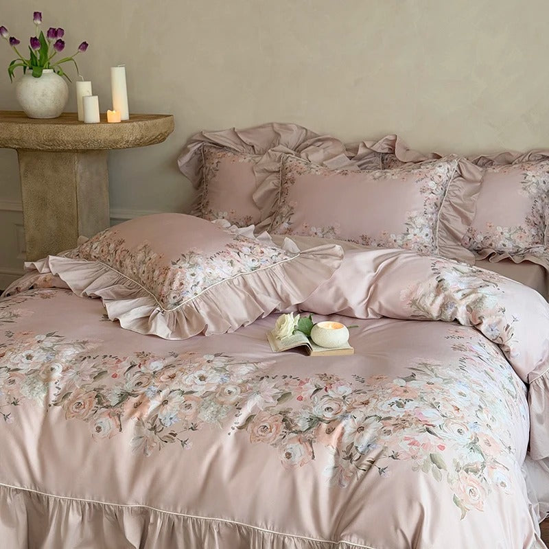 Egyptian Cotton Floral Satin Bed Sheet Set with Duvet Cover- 1000TC