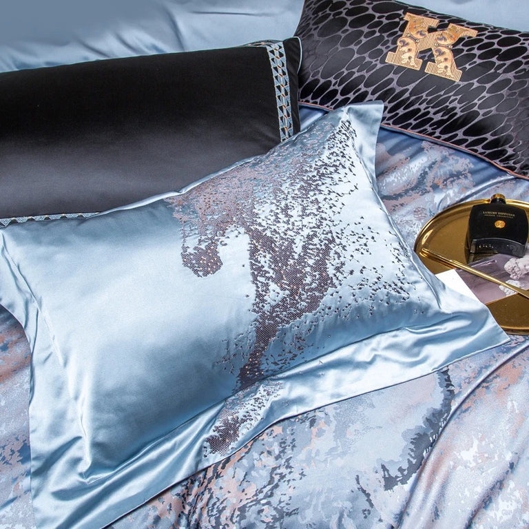 Blue and Copper Satin Embroidery Bedding Set with Duvet Cover - 1500TC