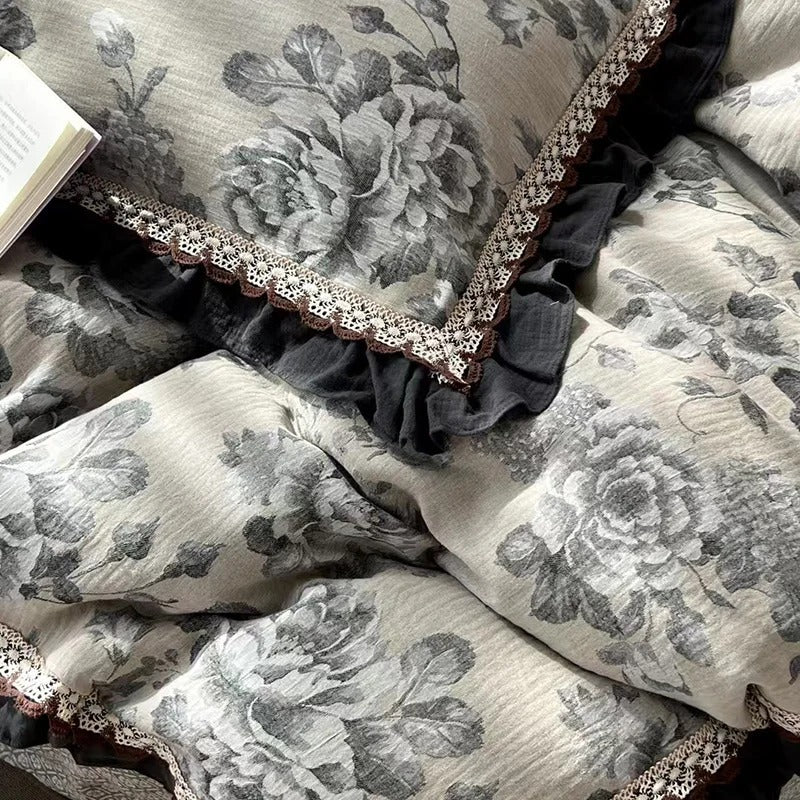 Gothic Floral Gauze Cotton Bedding Set with Duvet Cover - 1000TC
