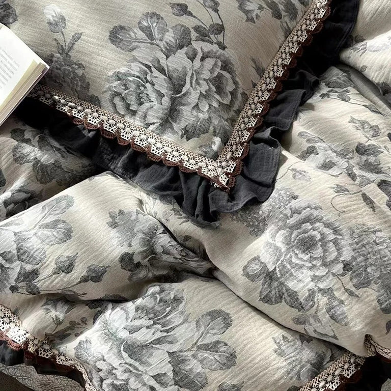 Gothic Floral Gauze Cotton Bedding Set with Duvet Cover - 1000TC