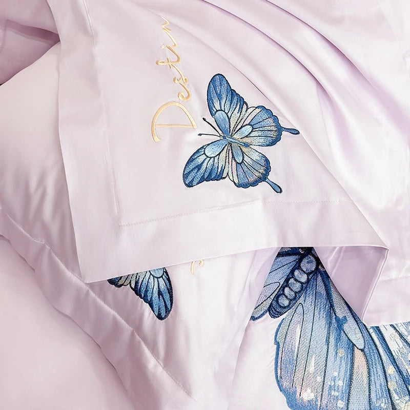 Butterfly Embroidery Egyptian Cotton Bedding Set with Duvet Cover - 900TC