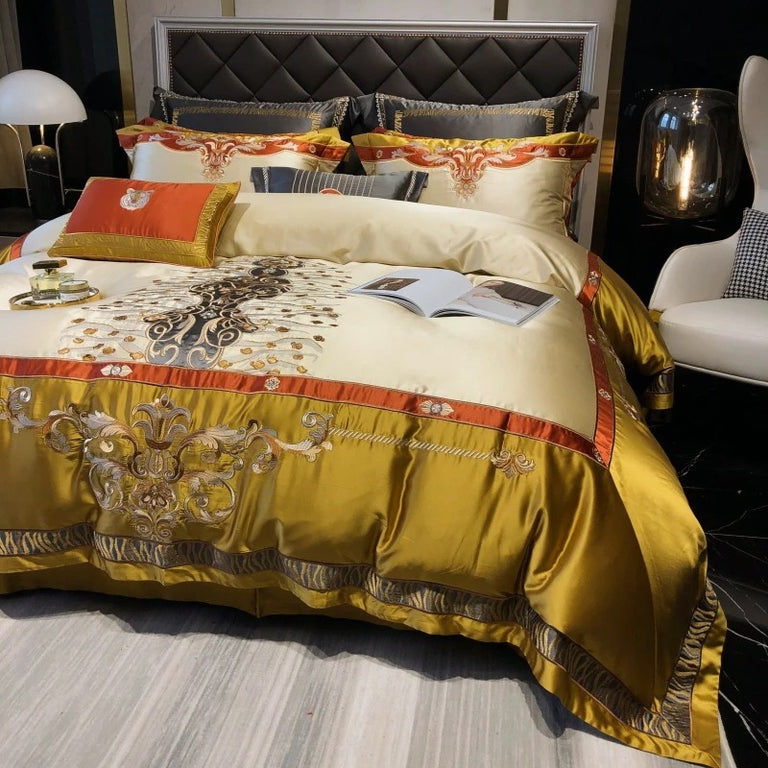 Royal Gold and White Satin Bedding with Modern Embroidery - 1000TC