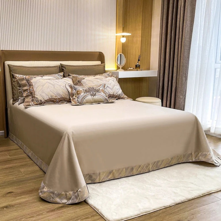 Cream and Gold Jacquard Bedding Set with an Embroidered Border - 1500TC