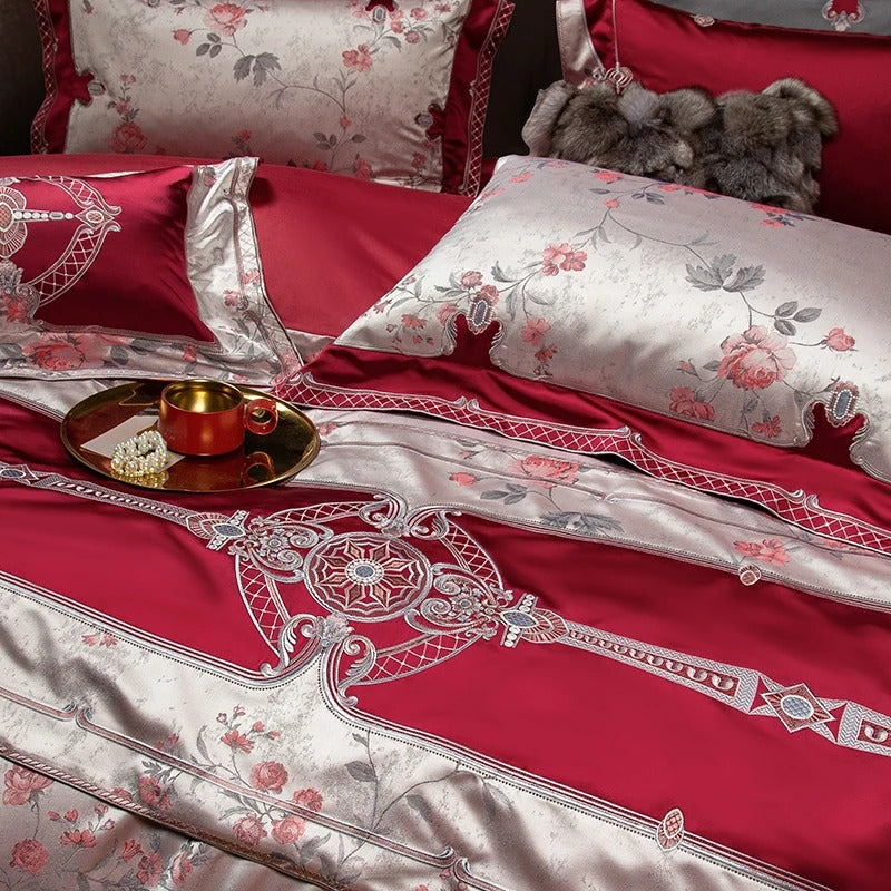 Rose Satin Floral Embroidered Bedding Set with Duvet Cover - 1500TC