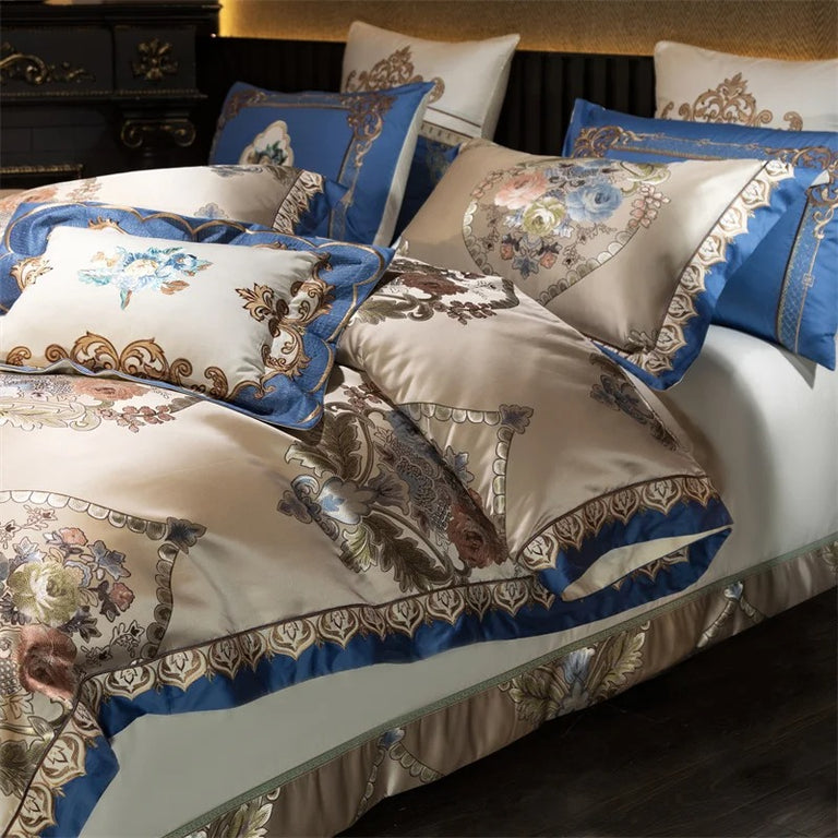 Royal Blue and Beige Floral Embroidered Bedding Set with Duvet Cover - 1000TC