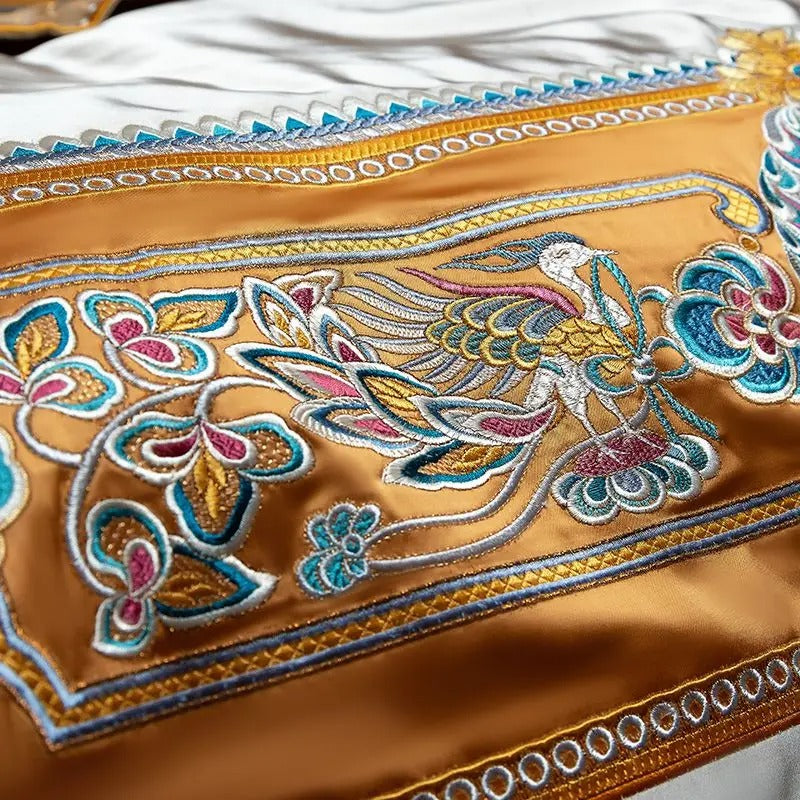 Rich Silver Satin Bedding Set with Unique Embroidered Border - 1500TC