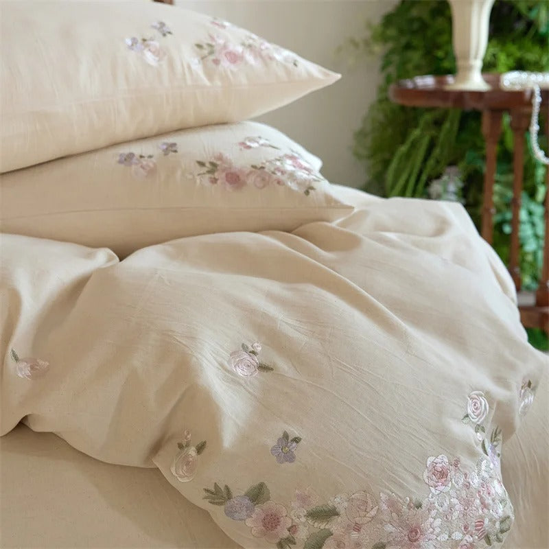 Flowers Embroidery Cotton Bedding Set with Duvet Cover - 600TC