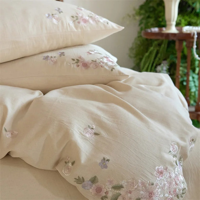 Flowers Embroidery Cotton Bedding Set with Duvet Cover - 600TC