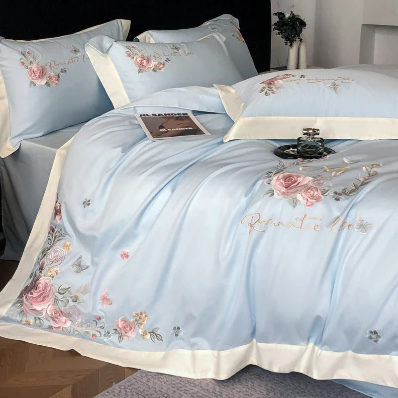Pastel Blue Floral Embroidery Cotton Bedding Set with Duvet Cover - 900TC
