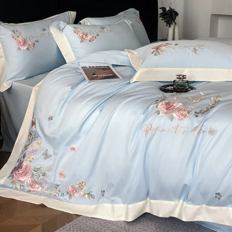 Pastel Blue Floral Embroidery Cotton Bedding Set with Duvet Cover - 900TC