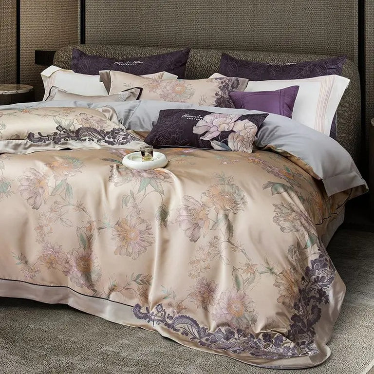 Light Purple Floral Embroidery Egyptian Cotton Bedding Set - 1500TC