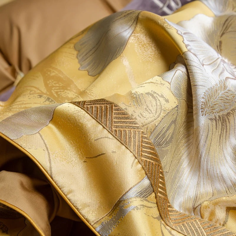 Yellow Floral Satin Jacquard Bedding Set with Duvet Cover - 1000TC