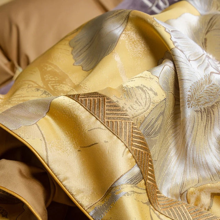 Yellow Floral Satin Jacquard Bedding Set with Duvet Cover - 1000TC