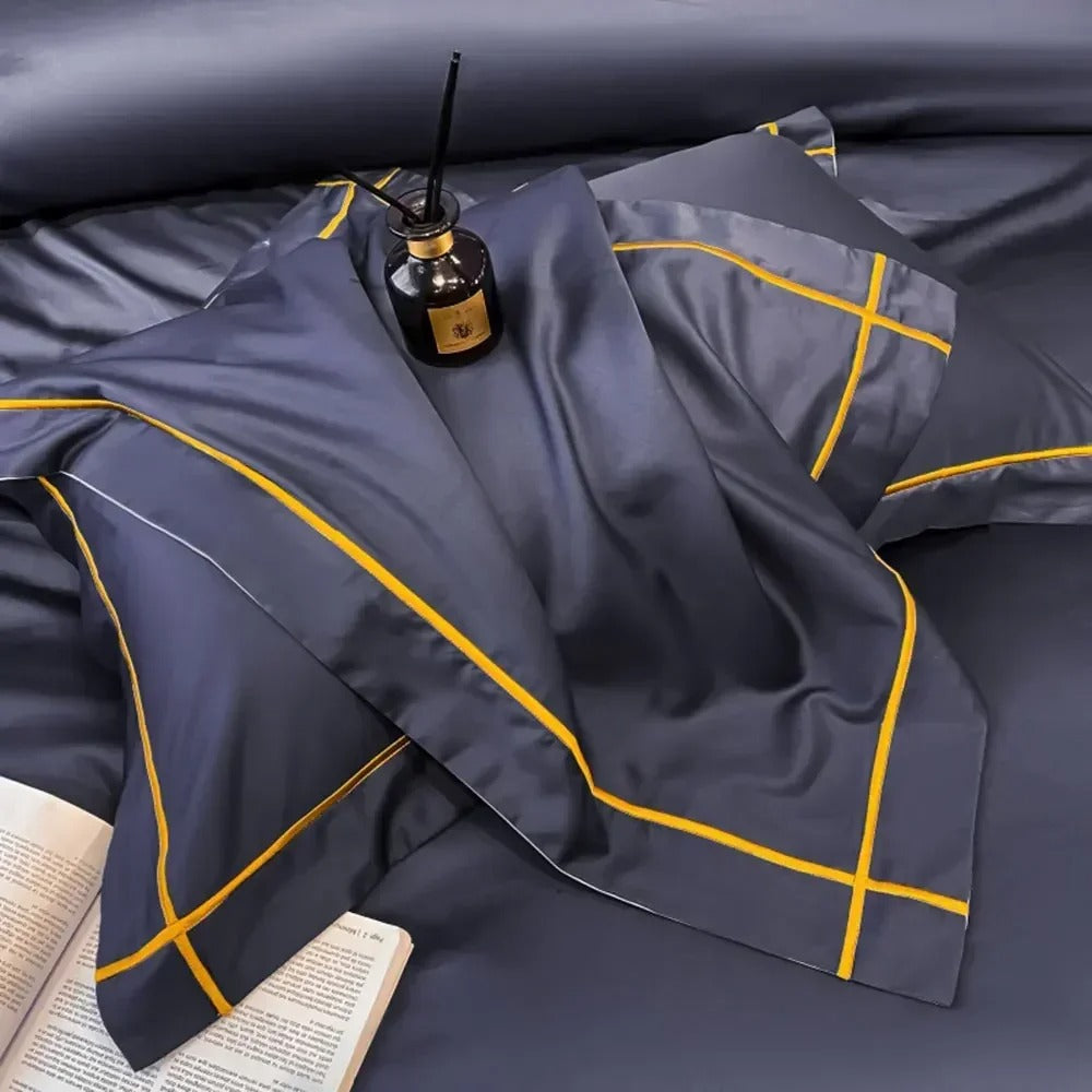 Navy Blue Silky Satin Bedding Set with Elegant Piping - 600TC