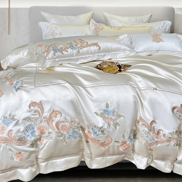 Luxurious Satin Bedding Set with Floral Embroidered Edge - 1500TC