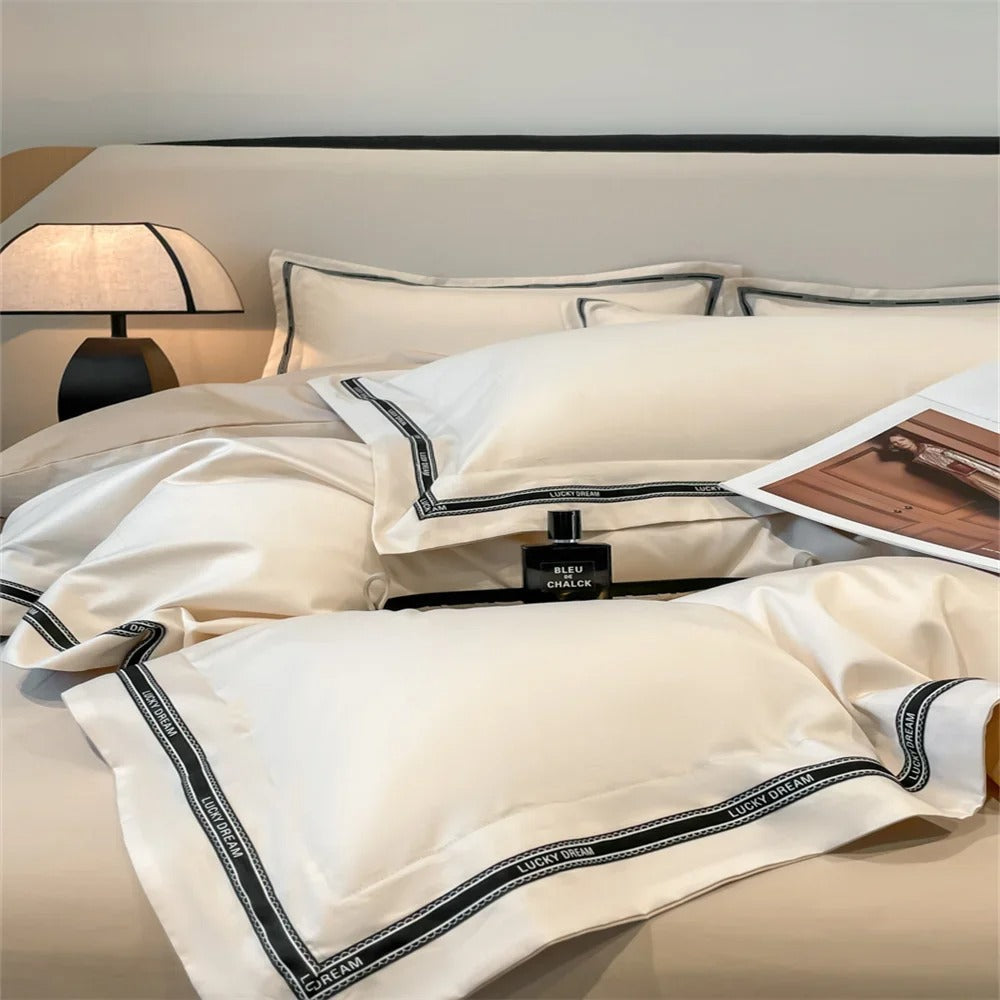 Ivory Egyptian Cotton Bedding Set with Stylish Border - 1000TC