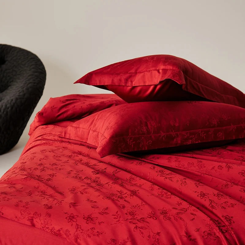 Red Floral Jacquard Bedding Set with Duvet Cover - 900TC