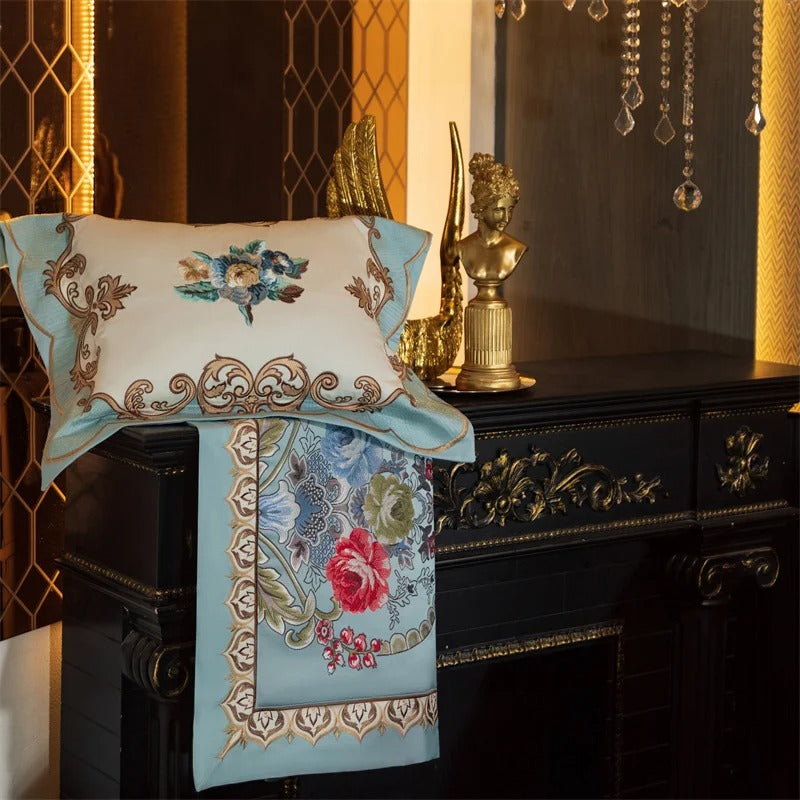 Aqua Blue Baroque Floarl Medallion Embroidered Bedding Set with Duvet Cover - 1000TC