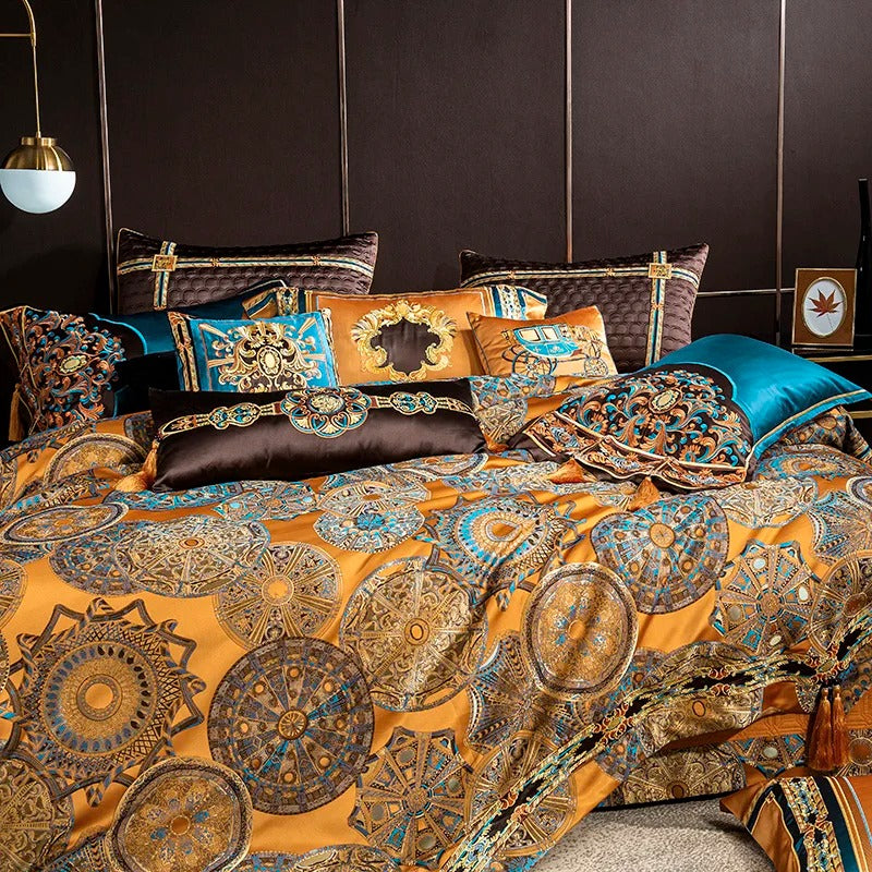 Jacquard Bedding Set with Golden and Teal Embroidery - 1500TC Egyptian Cotton