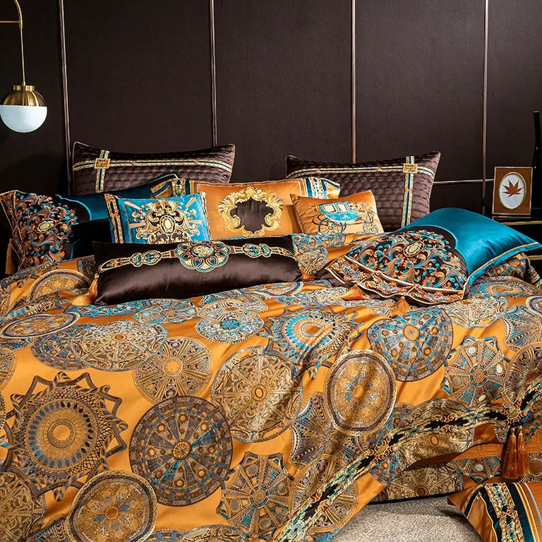 Jacquard Bedding Set with Golden and Teal Embroidery - 1500TC Egyptian Cotton